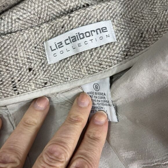 Vintage Liz Claiborne Skirt sz 8 Tan Khaki Wool Tweed Wrap Blanket Fringe Pencil - Picture 11 of 11